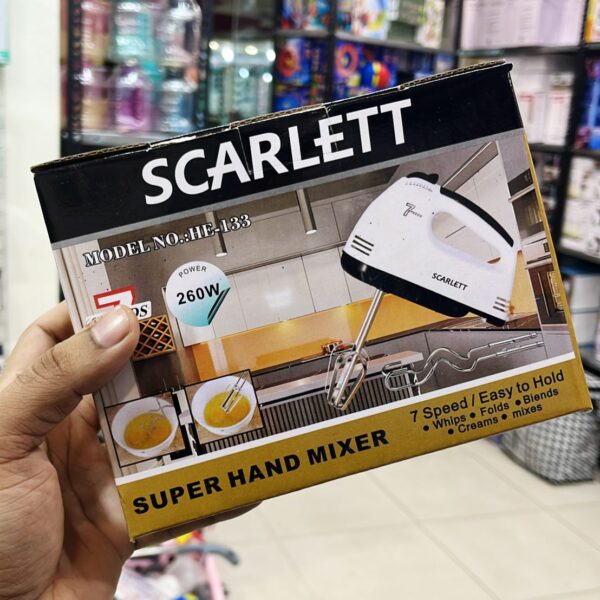 Scarlett 7-Speed Hand Mixer with Chrome Beaters & Dough Hooks – 260W Electric Egg Beater